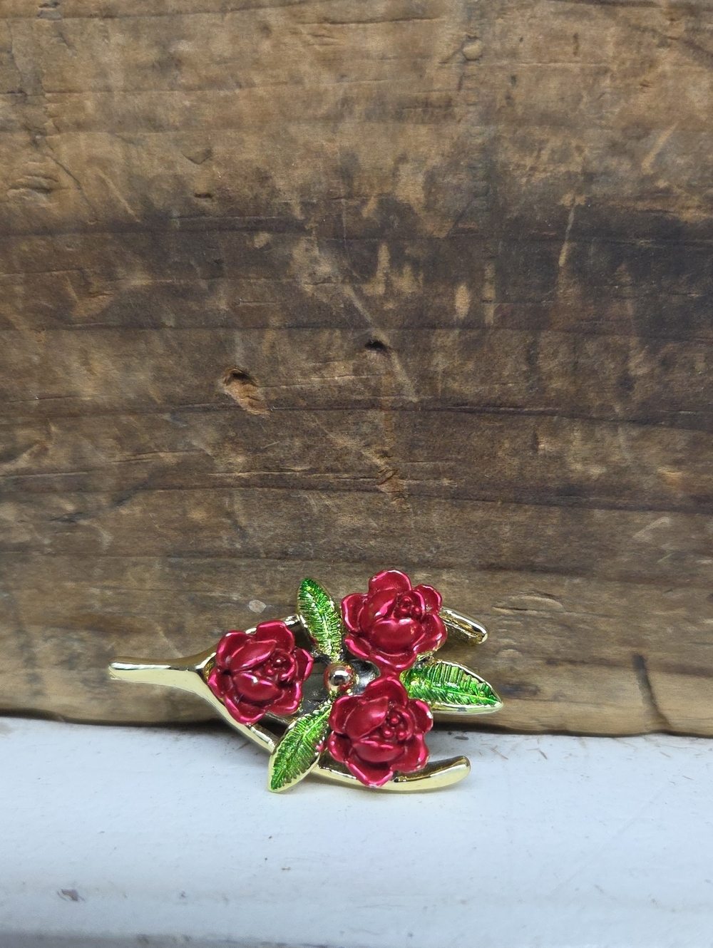 Vintage Gerry's Gold-Tone Wishbone Brooch Pin, Red Enamel Roses & Green Leaves,